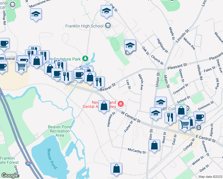 map of restaurants, bars, coffee shops, grocery stores, and more near 2 Buena Vista Drive in Franklin