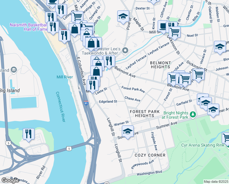 map of restaurants, bars, coffee shops, grocery stores, and more near 41-43 Longview Street in Springfield