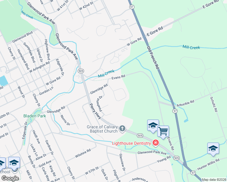 map of restaurants, bars, coffee shops, grocery stores, and more near 5410 Woodland Hills Circle in Erie