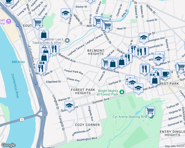 map of restaurants, bars, coffee shops, grocery stores, and more near 21 Mountainview Street in Springfield