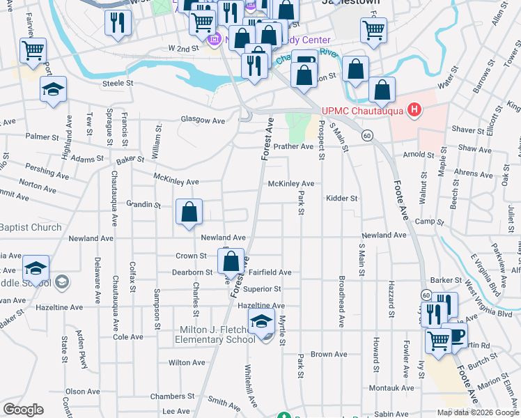 map of restaurants, bars, coffee shops, grocery stores, and more near 229 Forest Avenue in Jamestown