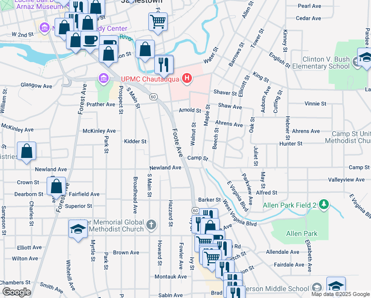 map of restaurants, bars, coffee shops, grocery stores, and more near 134 Maple Street in Jamestown