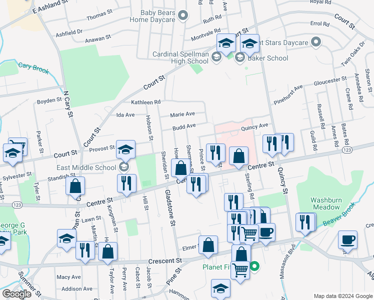 map of restaurants, bars, coffee shops, grocery stores, and more near 48 Sherman Street in Brockton
