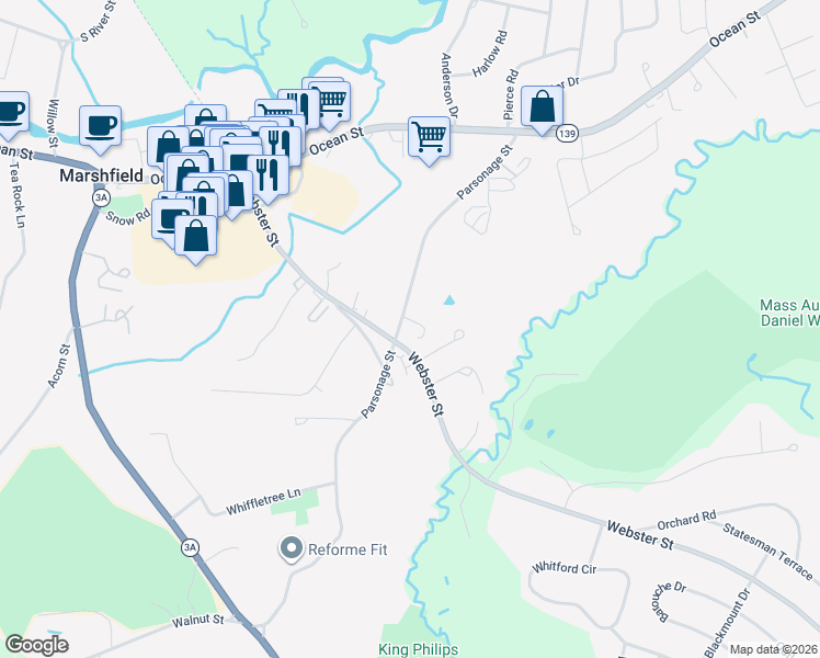 map of restaurants, bars, coffee shops, grocery stores, and more near 750 Webster Street in Marshfield
