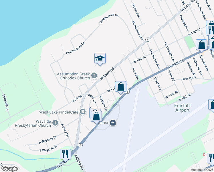 map of restaurants, bars, coffee shops, grocery stores, and more near 4330 West 11th Street in Erie