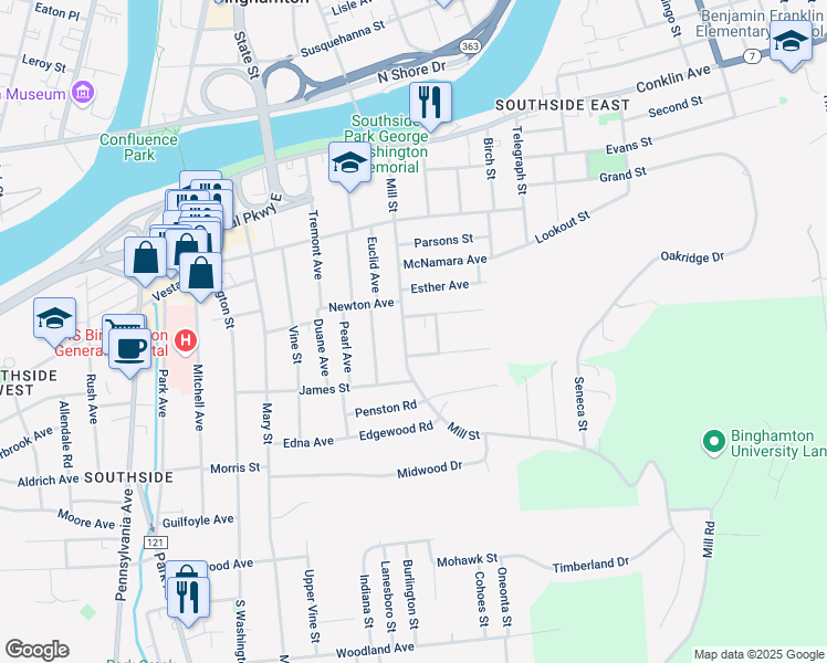 map of restaurants, bars, coffee shops, grocery stores, and more near 63 Mill Street in Binghamton