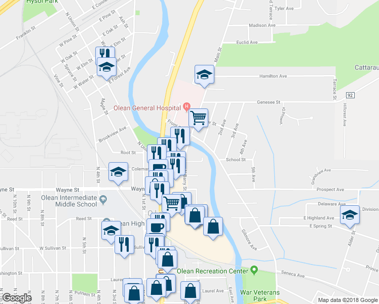 map of restaurants, bars, coffee shops, grocery stores, and more near 314 Main Street in Olean