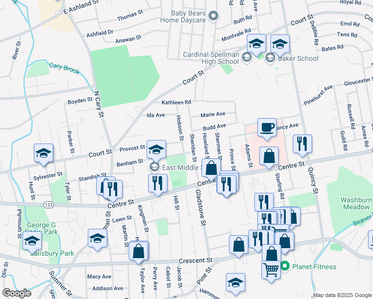 map of restaurants, bars, coffee shops, grocery stores, and more near 44 Sheridan Street in Brockton