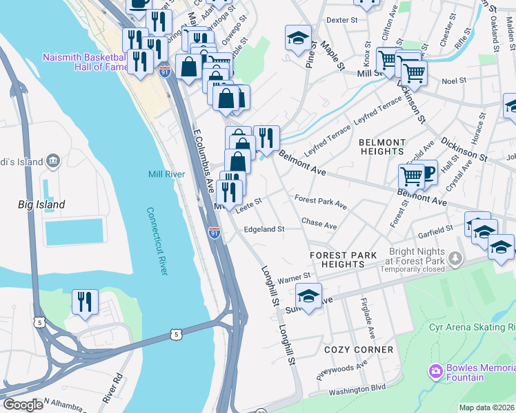 map of restaurants, bars, coffee shops, grocery stores, and more near 27 Coomes Street in Springfield