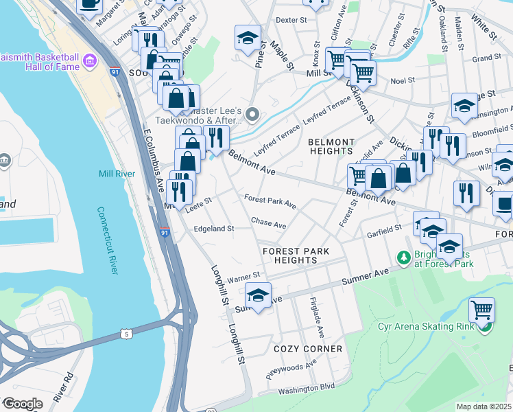 map of restaurants, bars, coffee shops, grocery stores, and more near 11 Chase Avenue in Springfield