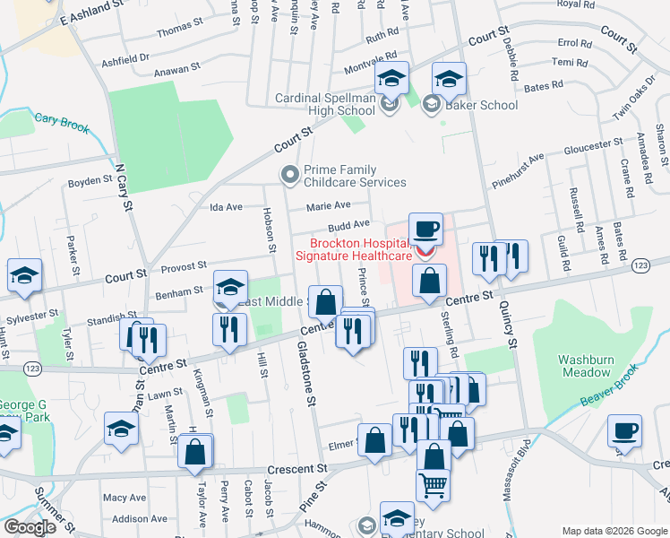 map of restaurants, bars, coffee shops, grocery stores, and more near 37 Sherman Street in Brockton