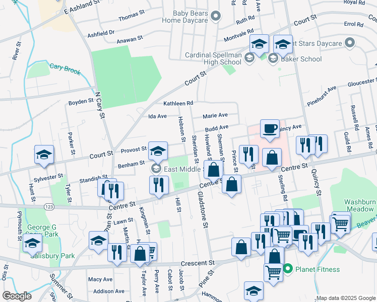 map of restaurants, bars, coffee shops, grocery stores, and more near 44 Sheridan Street in Brockton