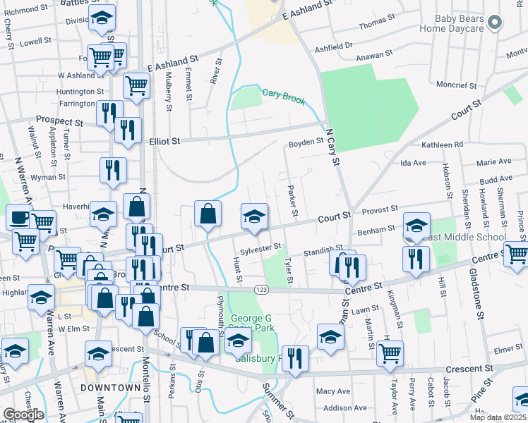 map of restaurants, bars, coffee shops, grocery stores, and more near 264 Court Street in Brockton