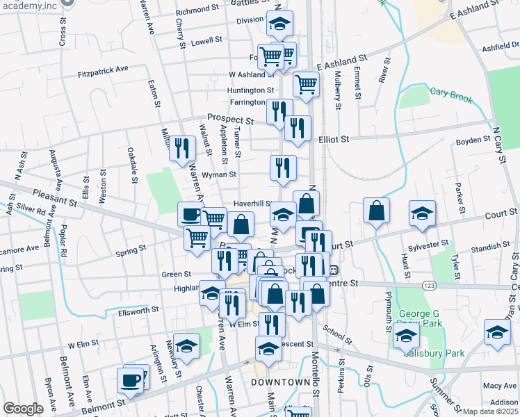 map of restaurants, bars, coffee shops, grocery stores, and more near 25 Spring Street in Brockton