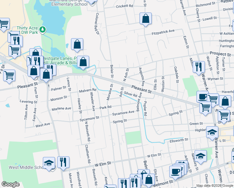 map of restaurants, bars, coffee shops, grocery stores, and more near 16 Seaver Street in Brockton