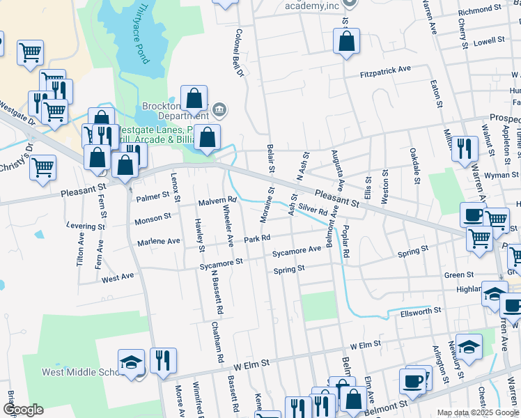 map of restaurants, bars, coffee shops, grocery stores, and more near 68 Malvern Road in Brockton