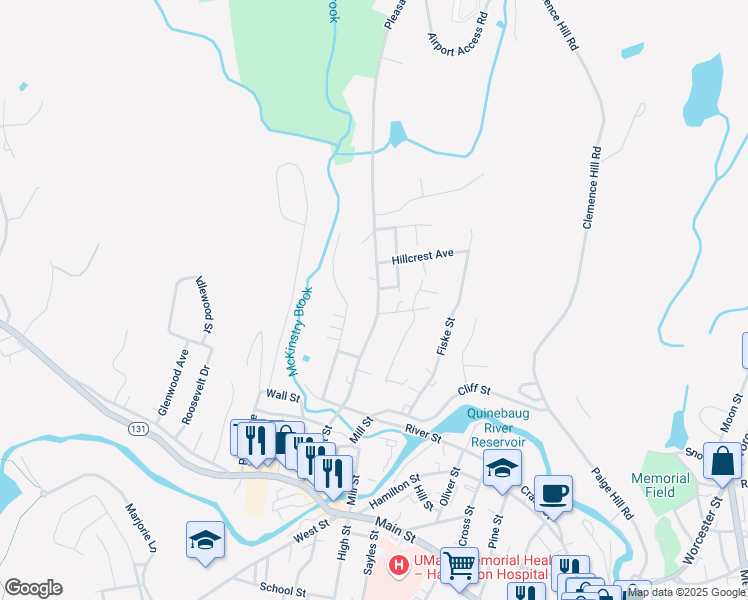 map of restaurants, bars, coffee shops, grocery stores, and more near 207 Pleasant Street in Southbridge