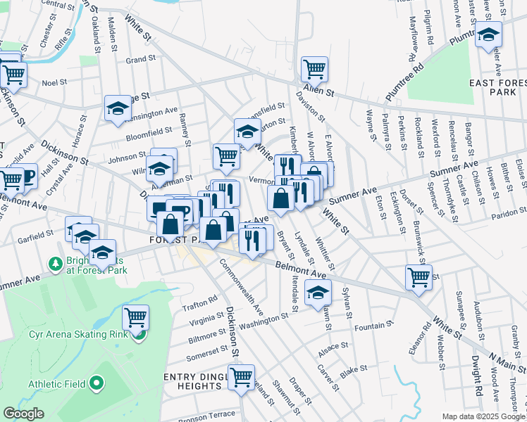 map of restaurants, bars, coffee shops, grocery stores, and more near 627 Sumner Avenue in Springfield