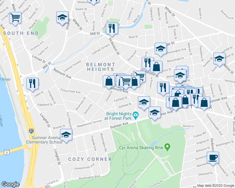 map of restaurants, bars, coffee shops, grocery stores, and more near 11 Belmont Place in Springfield