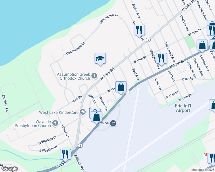 map of restaurants, bars, coffee shops, grocery stores, and more near 4330 West 11th Street in Erie