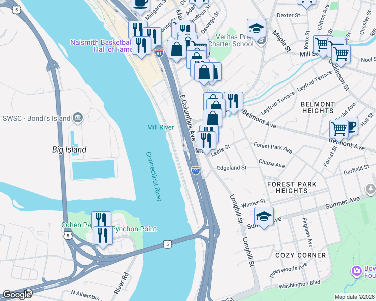 map of restaurants, bars, coffee shops, grocery stores, and more near in Springfield