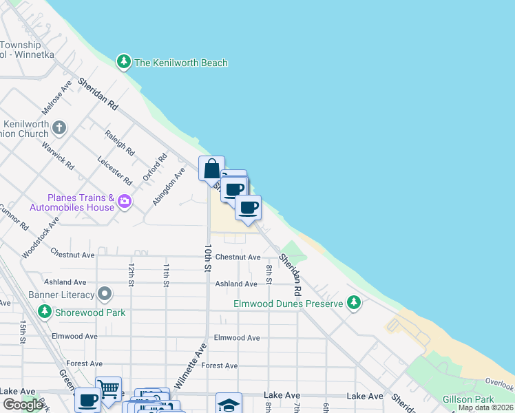 map of restaurants, bars, coffee shops, grocery stores, and more near 1500 Sheridan Road in Wilmette