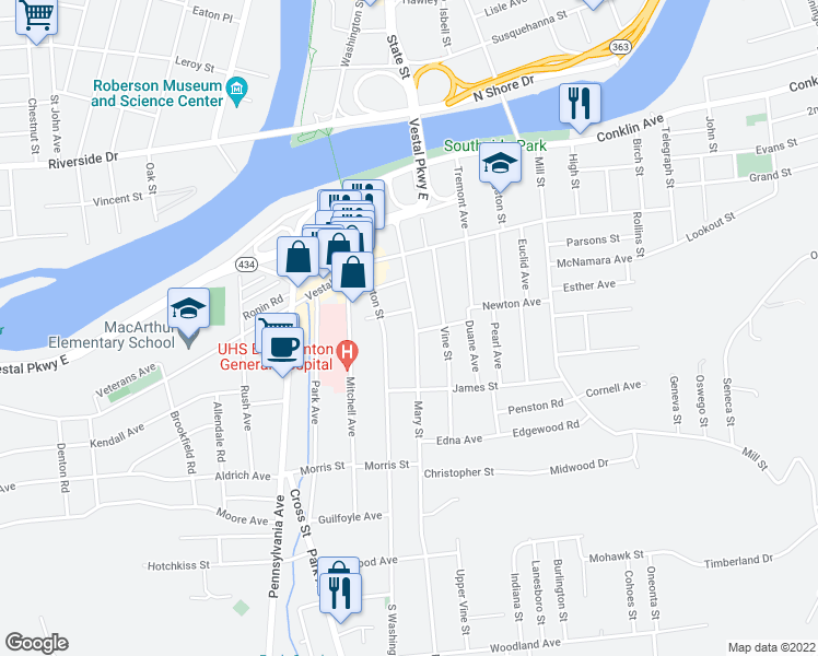 map of restaurants, bars, coffee shops, grocery stores, and more near 68 Mary Street in Binghamton