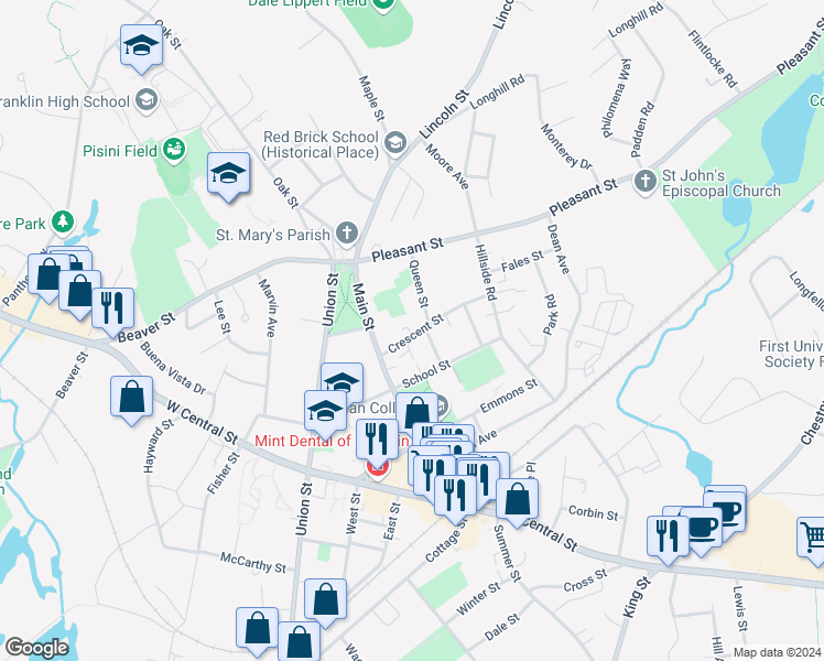 map of restaurants, bars, coffee shops, grocery stores, and more near 73 Crescent Street in Franklin