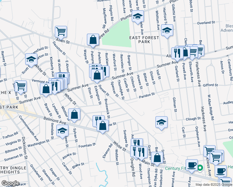 map of restaurants, bars, coffee shops, grocery stores, and more near 55 Spencer Street in Springfield