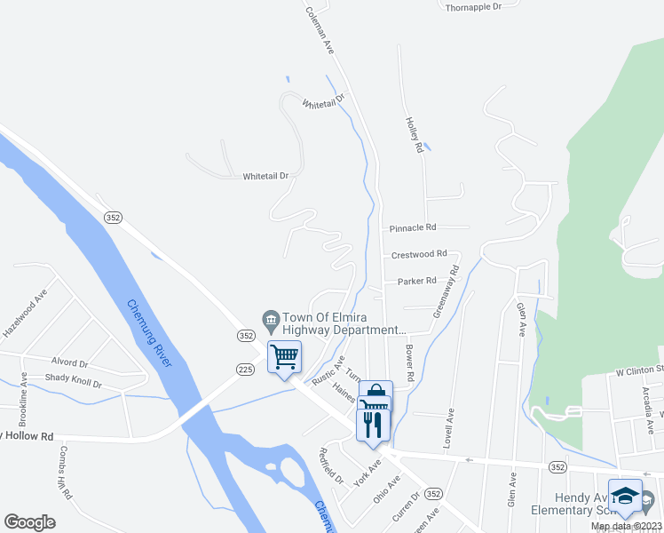 map of restaurants, bars, coffee shops, grocery stores, and more near 98 Forest Hills Drive in Elmira