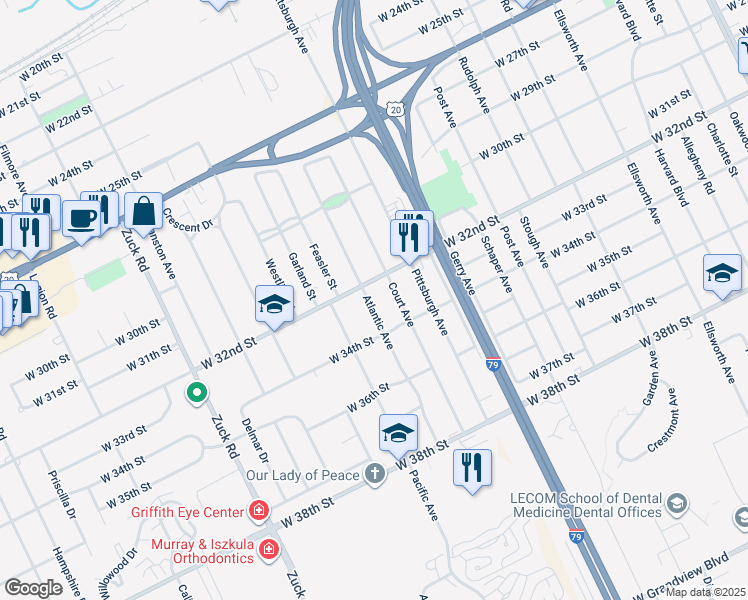 map of restaurants, bars, coffee shops, grocery stores, and more near 3217 Atlantic Avenue in Erie