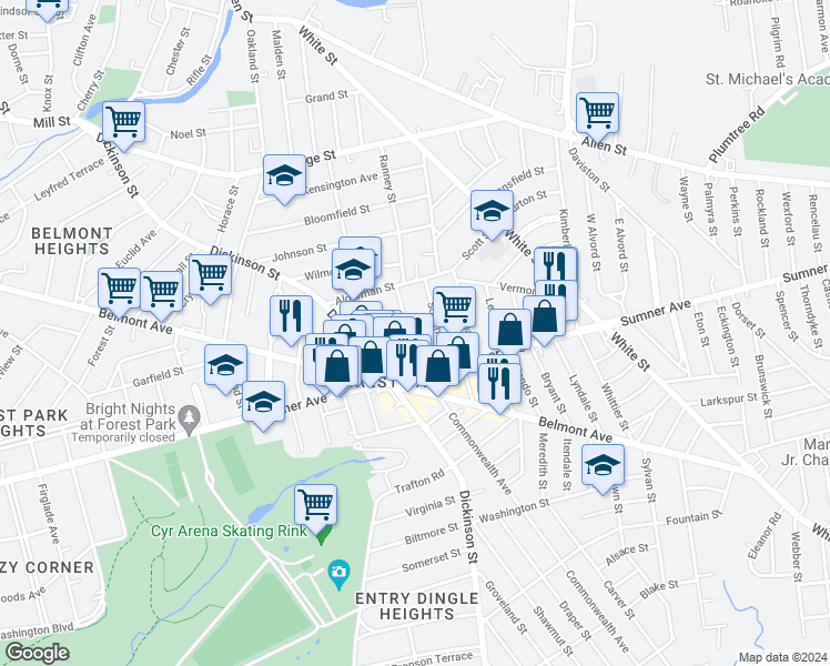 map of restaurants, bars, coffee shops, grocery stores, and more near 49 Ventura Street in Springfield