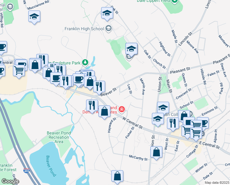map of restaurants, bars, coffee shops, grocery stores, and more near 2 Buena Vista Drive in Franklin