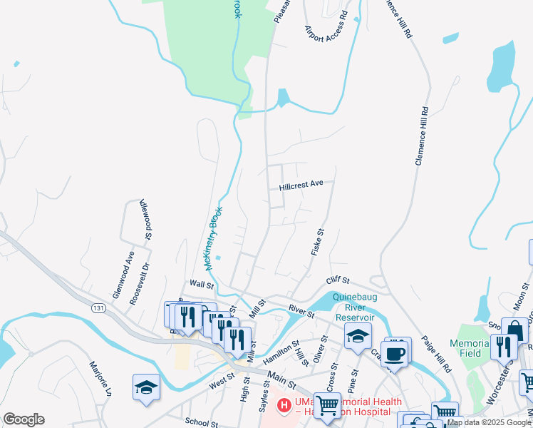 map of restaurants, bars, coffee shops, grocery stores, and more near 207 Pleasant Street in Southbridge