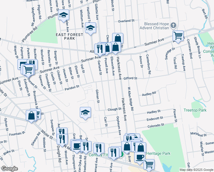 map of restaurants, bars, coffee shops, grocery stores, and more near 140 Powell Avenue in Springfield