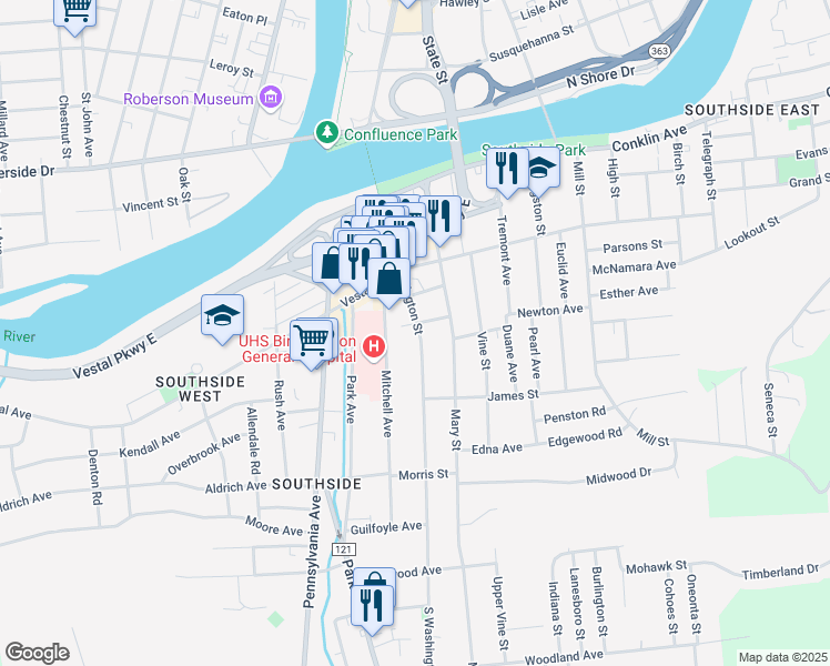 map of restaurants, bars, coffee shops, grocery stores, and more near 33 Mitchell Avenue in Binghamton