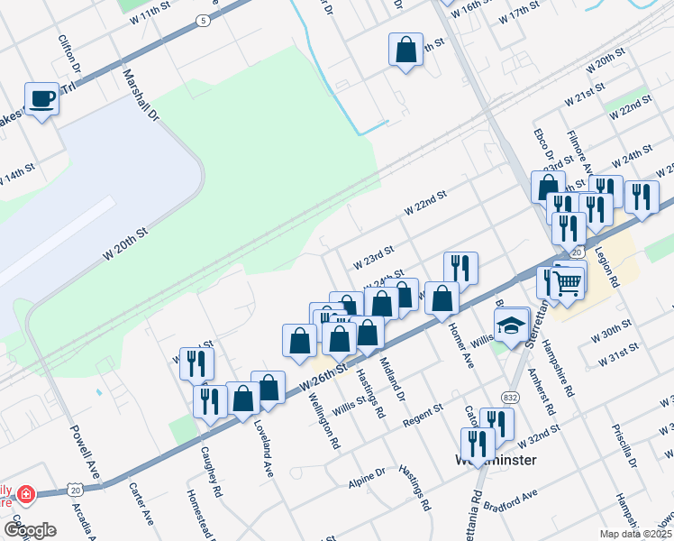 map of restaurants, bars, coffee shops, grocery stores, and more near 2314 Midland Drive in Erie
