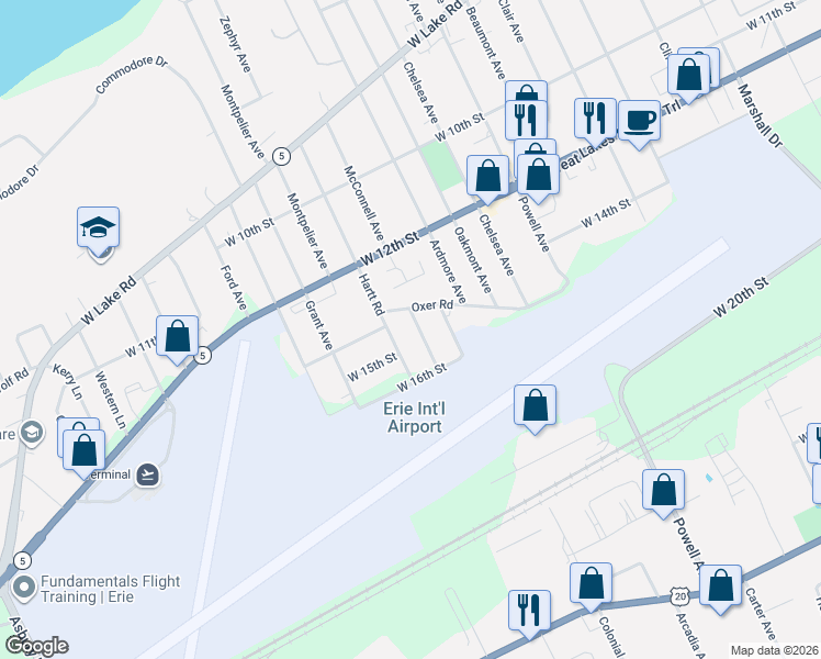 map of restaurants, bars, coffee shops, grocery stores, and more near 1416-1498 Hartt Road in Erie