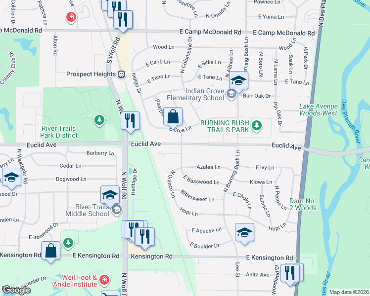 map of restaurants, bars, coffee shops, grocery stores, and more near 1784 West Azalea Place in Mount Prospect
