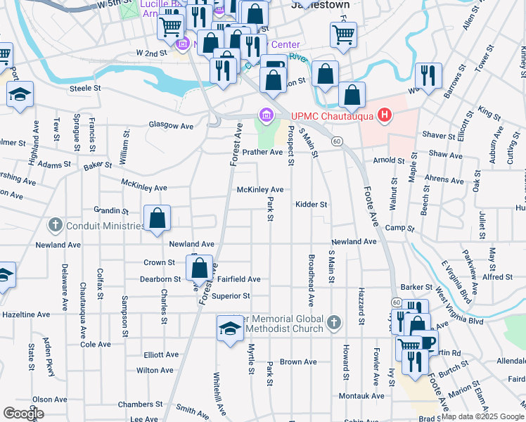 map of restaurants, bars, coffee shops, grocery stores, and more near 110 Prospect St in Jamestown