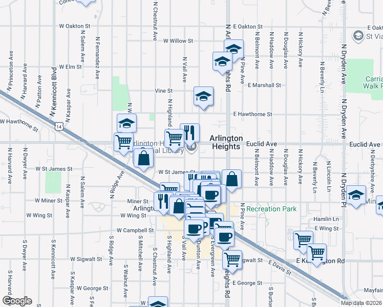 map of restaurants, bars, coffee shops, grocery stores, and more near 500 North Dunton Avenue in Arlington Heights