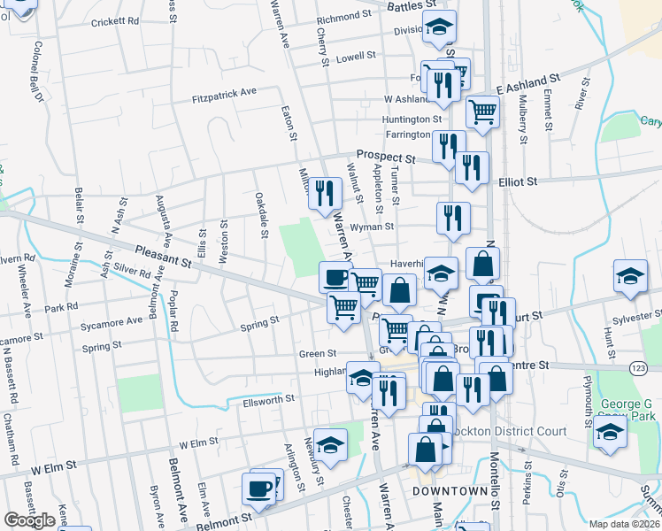 map of restaurants, bars, coffee shops, grocery stores, and more near 20 Oakland Place in Brockton