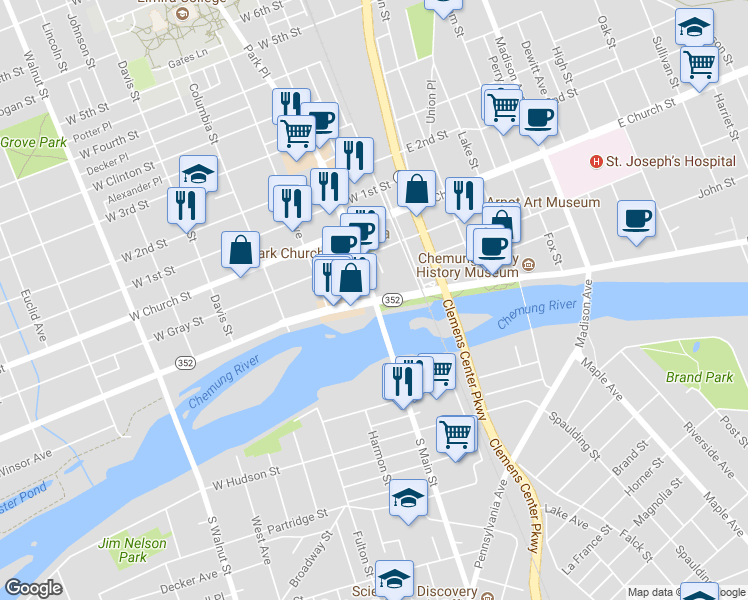 map of restaurants, bars, coffee shops, grocery stores, and more near 11 North Main Street in Elmira