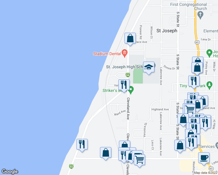 map of restaurants, bars, coffee shops, grocery stores, and more near 204 Vail Court in St. Joseph