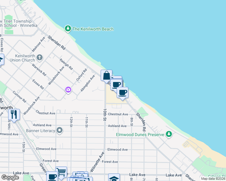 map of restaurants, bars, coffee shops, grocery stores, and more near 1515 Sheridan Road in Wilmette
