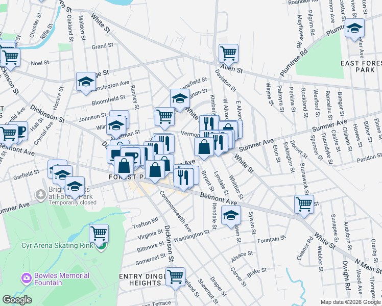 map of restaurants, bars, coffee shops, grocery stores, and more near 639 Sumner Avenue in Springfield
