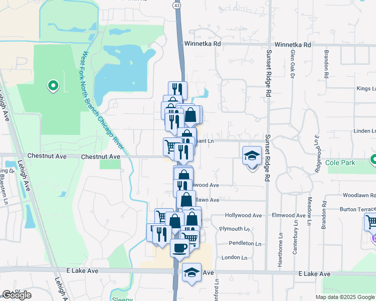 map of restaurants, bars, coffee shops, grocery stores, and more near 1769 Illinois 43 in Glenview