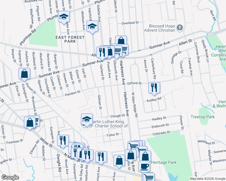 map of restaurants, bars, coffee shops, grocery stores, and more near 140 Powell Avenue in Springfield