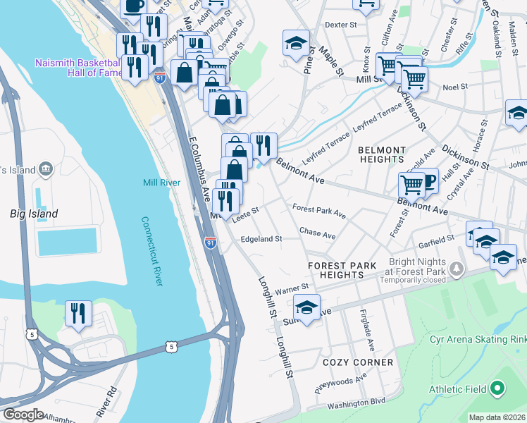 map of restaurants, bars, coffee shops, grocery stores, and more near 27 Coomes Street in Springfield