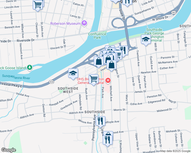 map of restaurants, bars, coffee shops, grocery stores, and more near 49 Pennsylvania Avenue in Binghamton